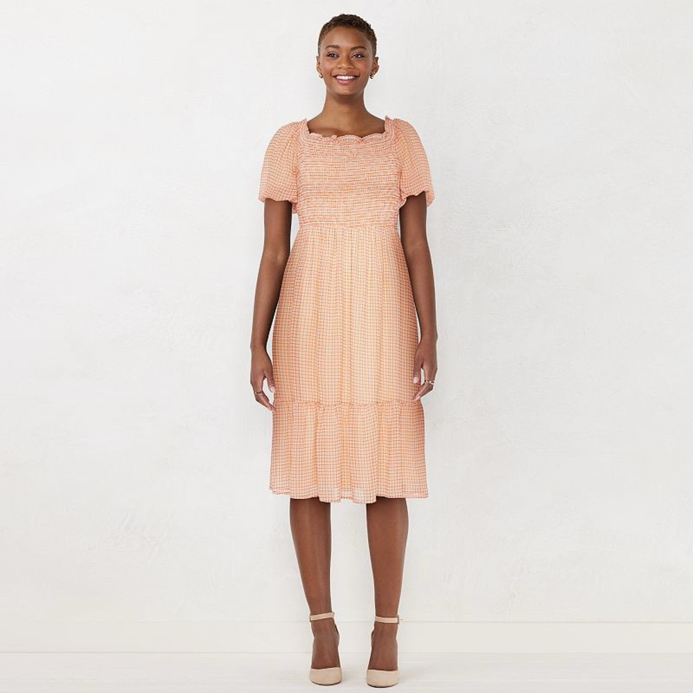 LC Lauren Conrad Smocked Puff Sleeve Midi Dress Peach Size M